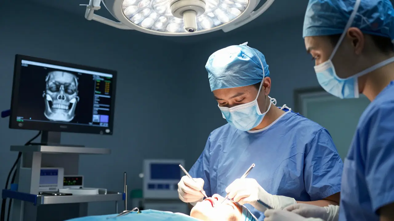 Stomatolog provádí maxilofaciální chirurgii pod dohledem týmu v operačním sále.