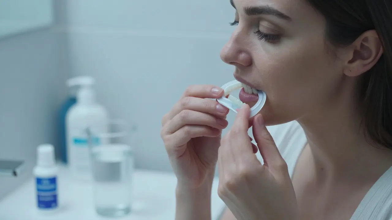 Žena aplikuje gel na zuby pomocí bělicí šablony v koupelně s láhví peroxidu karbamidu.