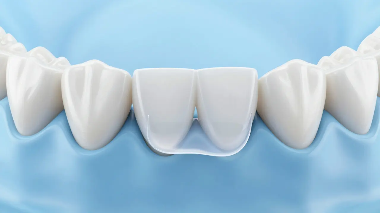 3D vizualizace porcelánového faleše aplikovaného na zub v klinickém prostředí.