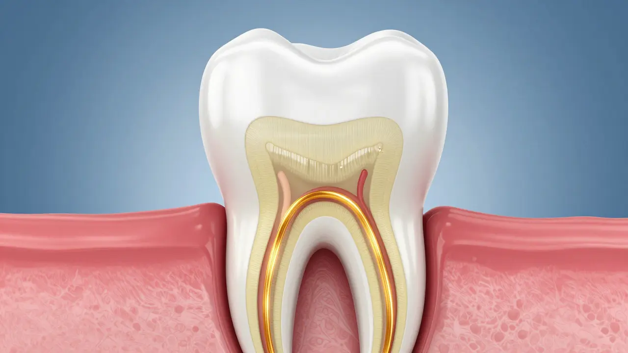 Anatomický průřez zubu znázornující dentinové kanálky vedoucí k nervu.