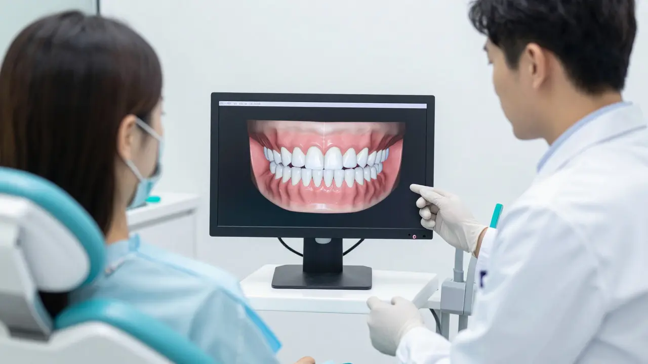 Dentista prezentující digitální plánování úsměvu v moderní klinice.
