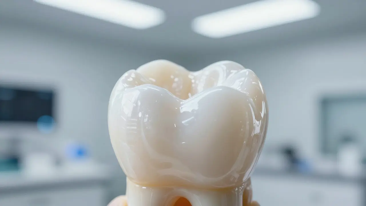 Detailní pohled na přirozenou průsvitnost a strukturu keramické fazety.