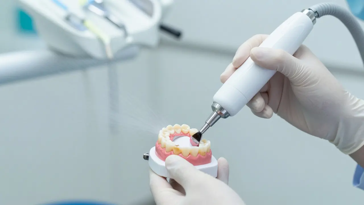 Profesionální pískování zubů v moderní dentální klinice pro odstranění plaku.