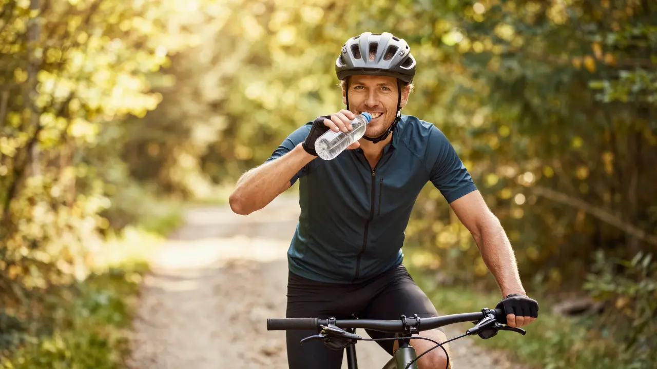 Usmívající se cyklista v helmě po jízdě v lese.