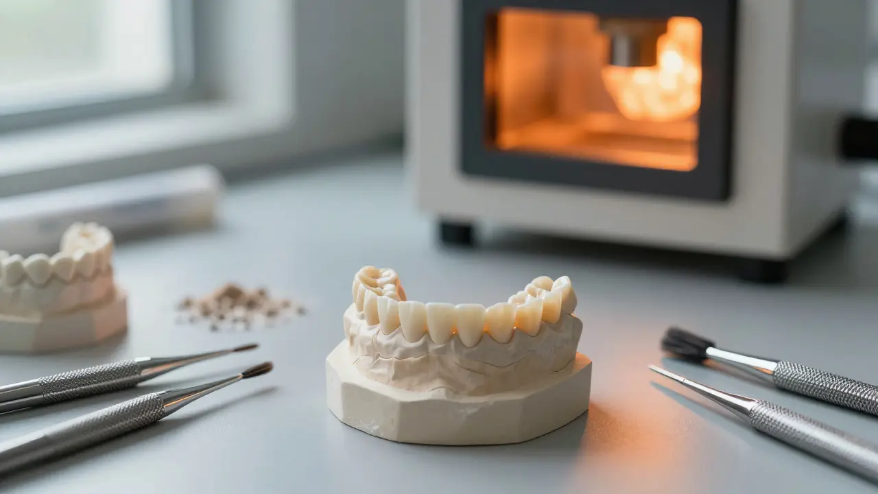 Zubní korunka z zirkonu na modelu v dentální laboratoři