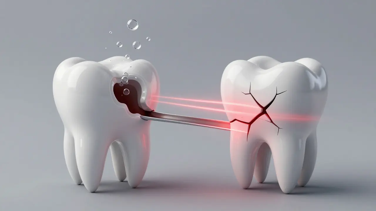 3D vizualizace úniku tlaku z otevřeného zuba vs. prasklý zub