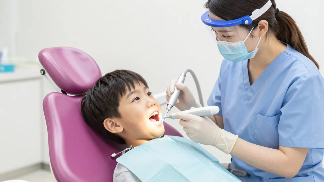 Dentální hygienista čistí zuby dítěti ultrazvukem
