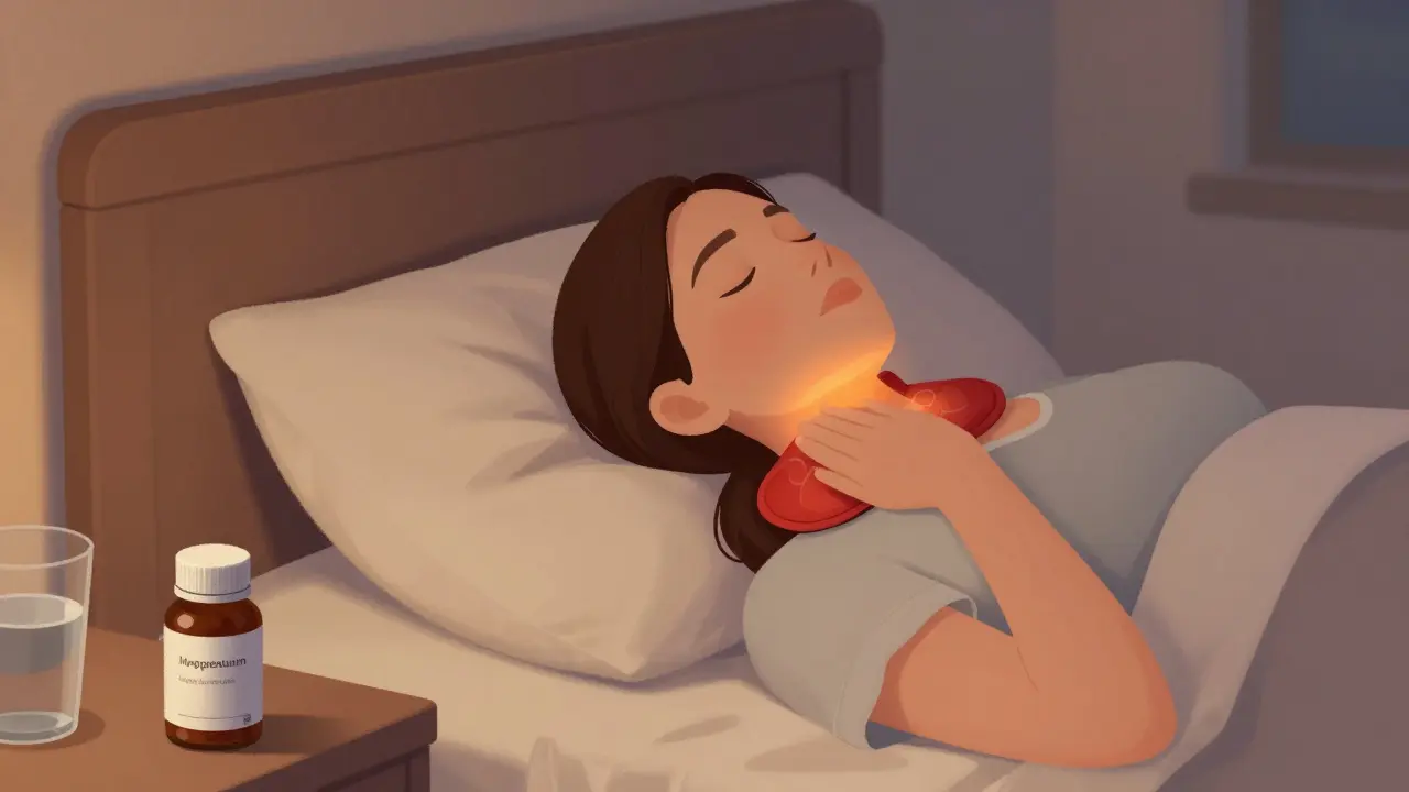 Klidná ložnice s teplým obkladem na krku a doplňky stravy pro relaxaci