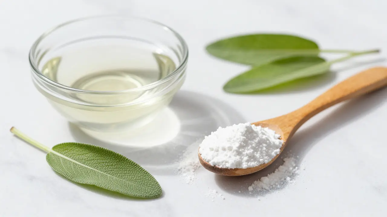 Přírodní ingredience na bělení zubů: kokosový olej, soda a šalvěj