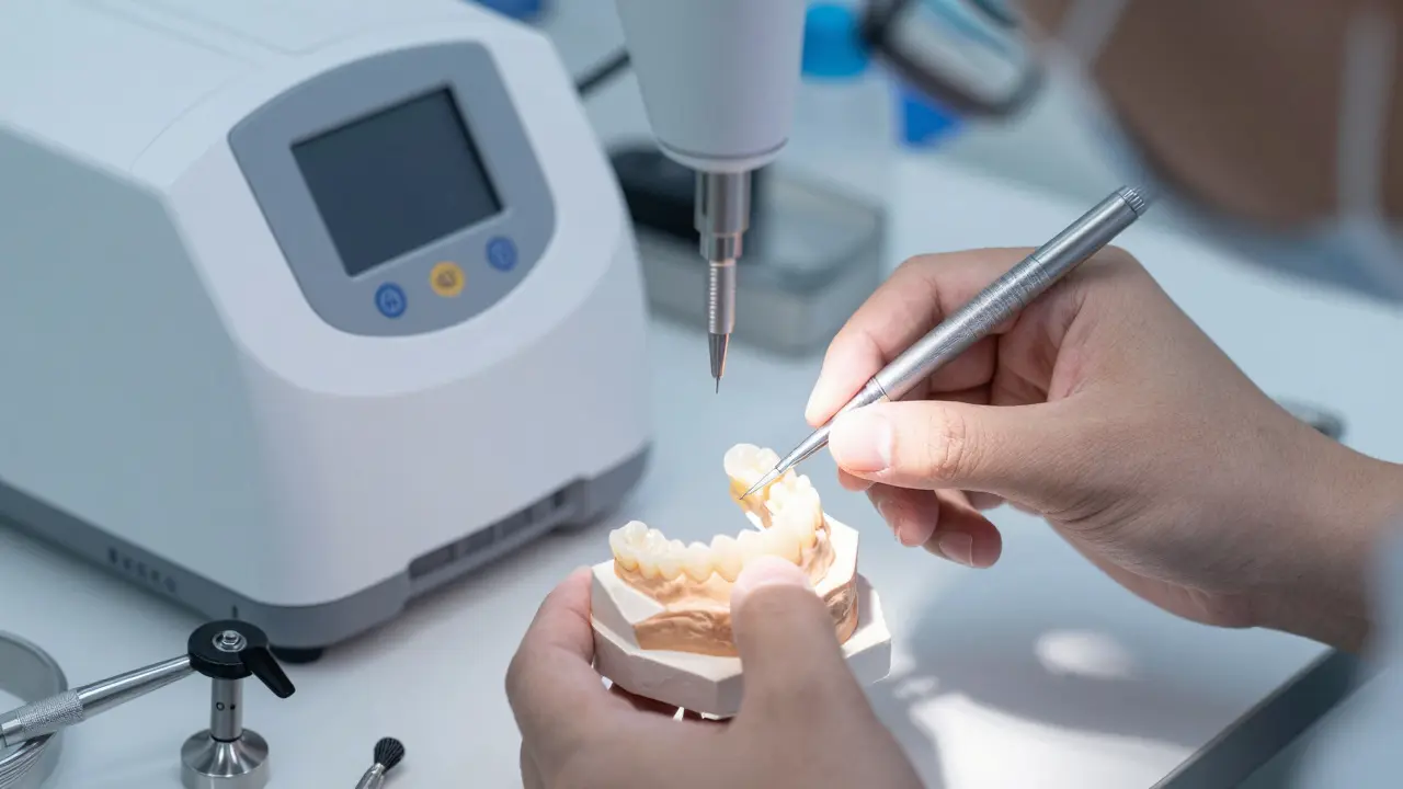 Technik v laboratoři upravuje keramickou zubní fazetu na modelu