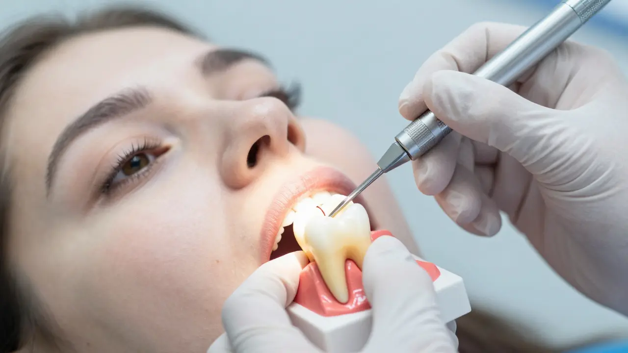 Zubní lékař čistí kořenové kanálky speciálním nástrojem