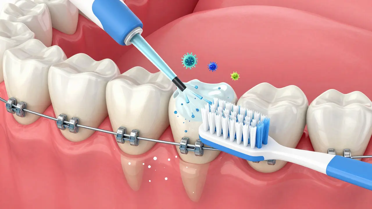 3D ilustrace ukazující důležitost čištění kolem závorek pro prevenci bílých skvrn na zubech