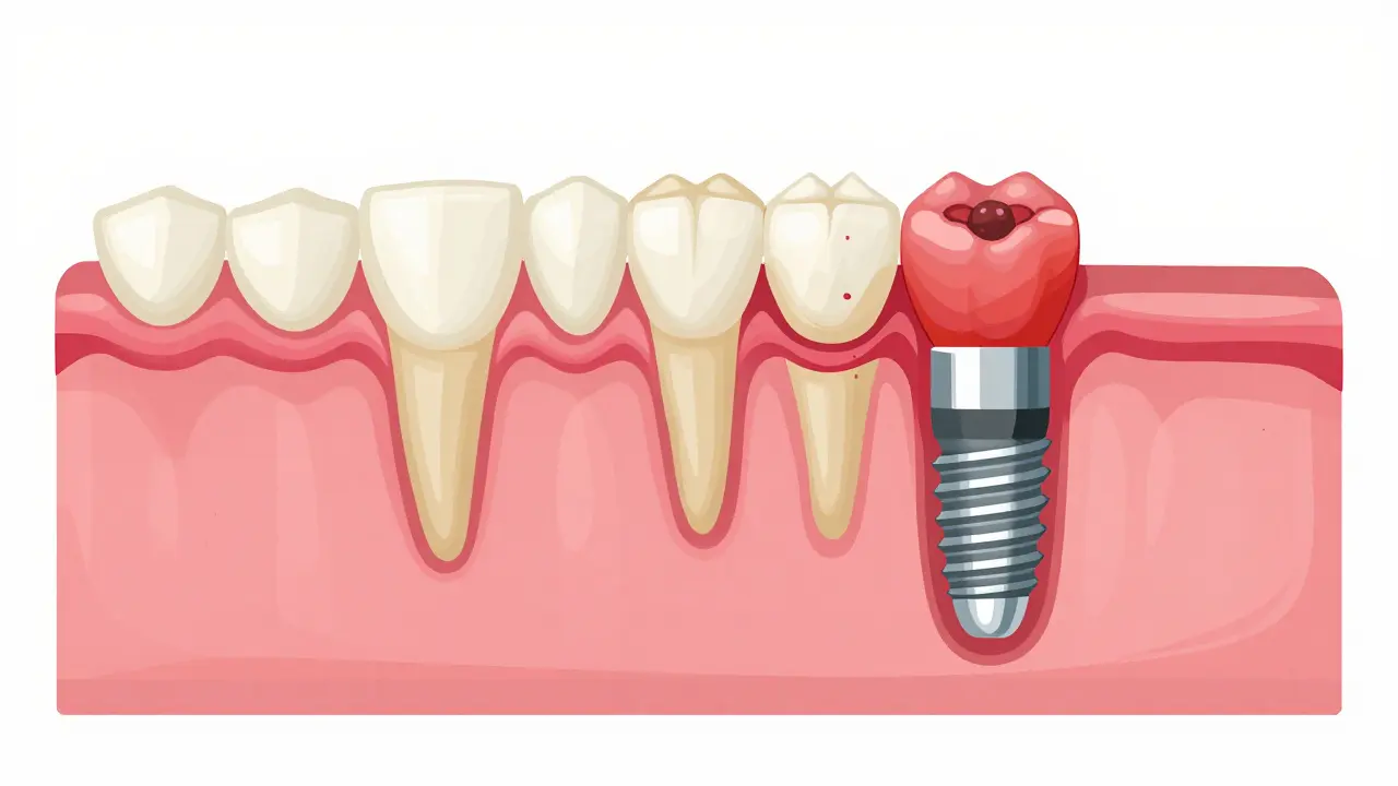 Srovnání zdravé a zanícené dásně kolem implantátu