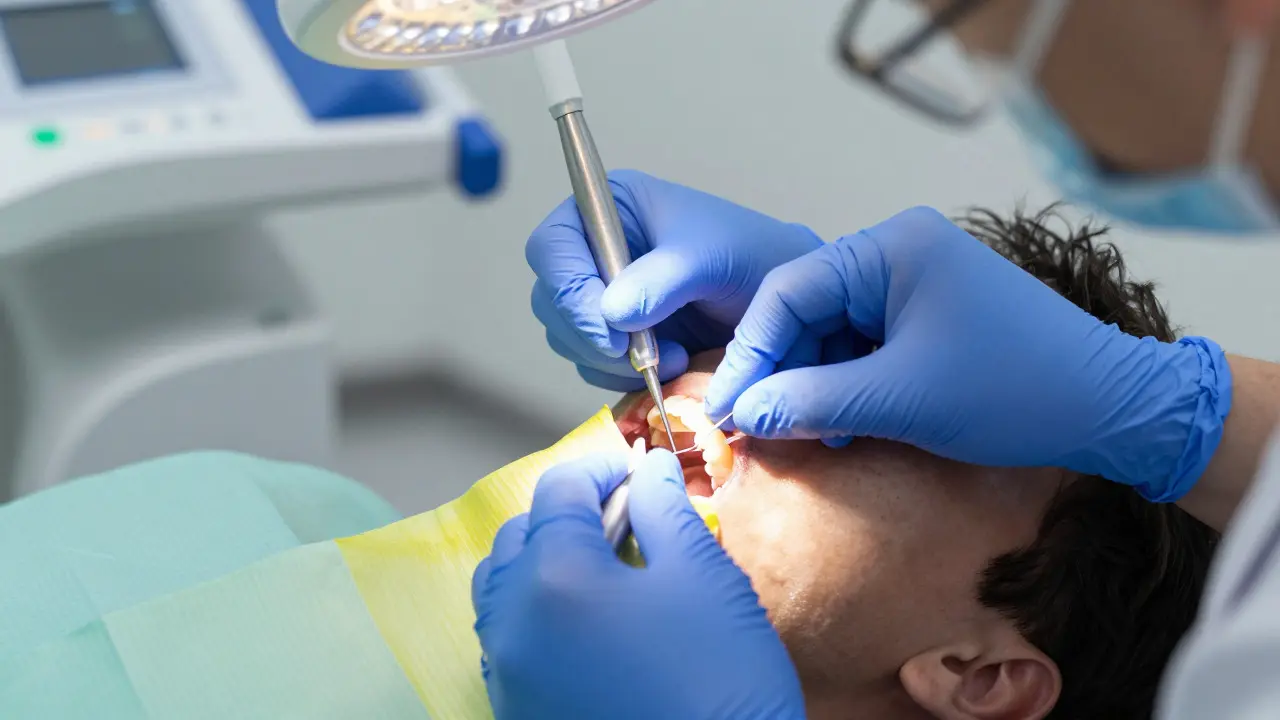 Stomatolog provádí čištění kořenových kanálků s gumovou clonou