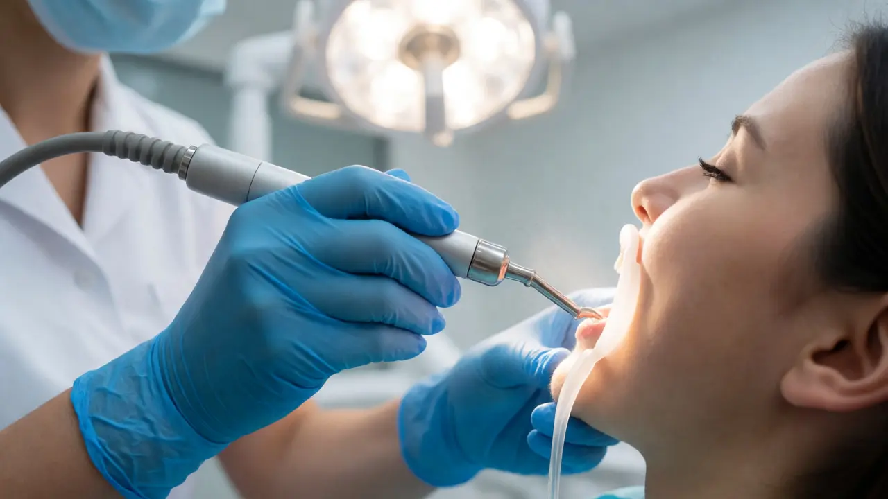 Dentální hygienistka odstraňuje zubní kámen ultrazvukovým přístrojem