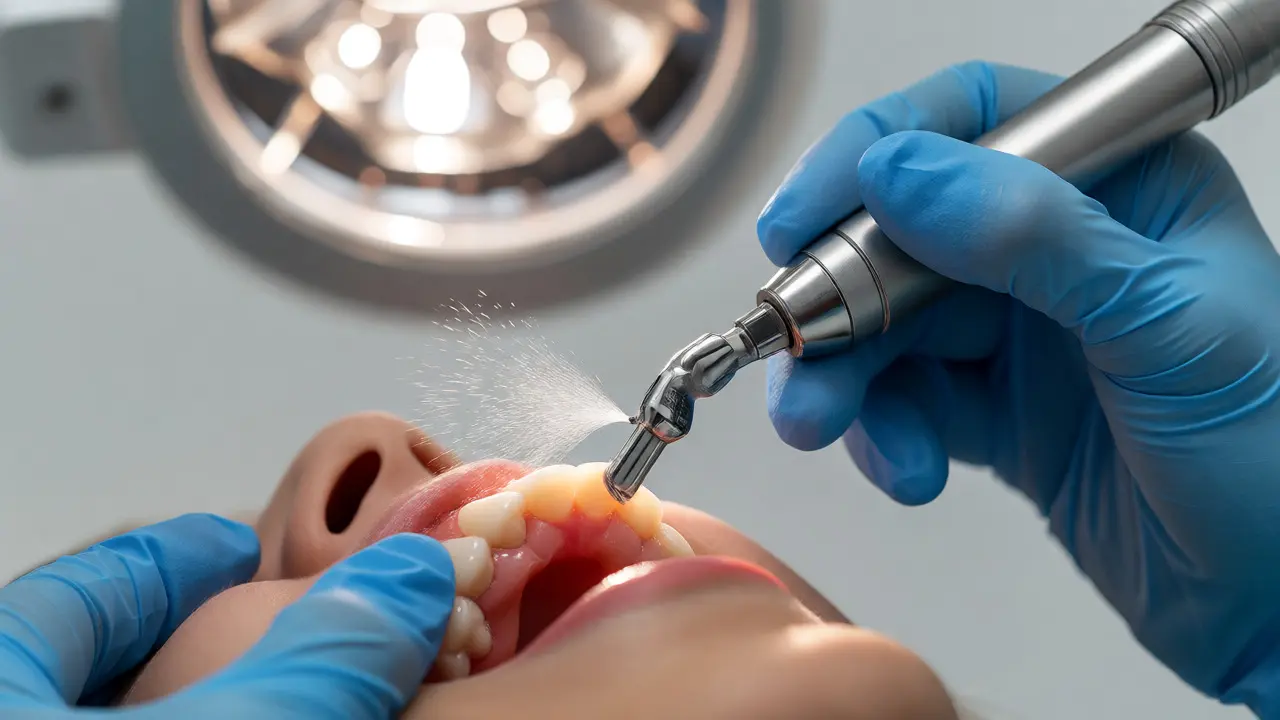 Dentální hygienistka používá ultrazvukový přístroj na čištění zubů