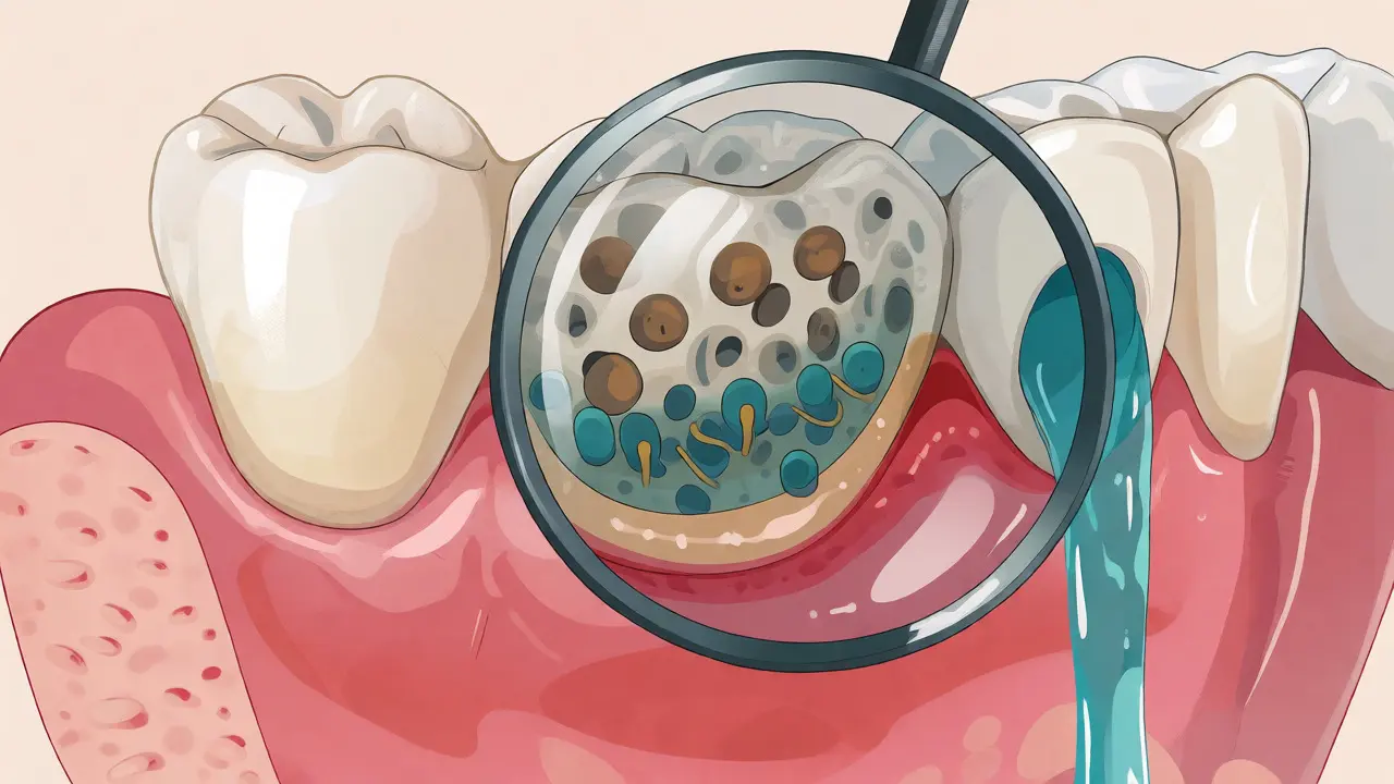 Ilustrace zánětu dásní pod zubní náhradou s bakteriemi