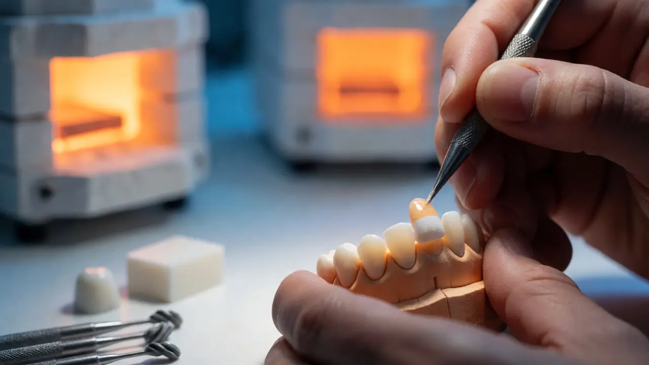 Technik v laboratoři ručně vrství keramiku pro fazety