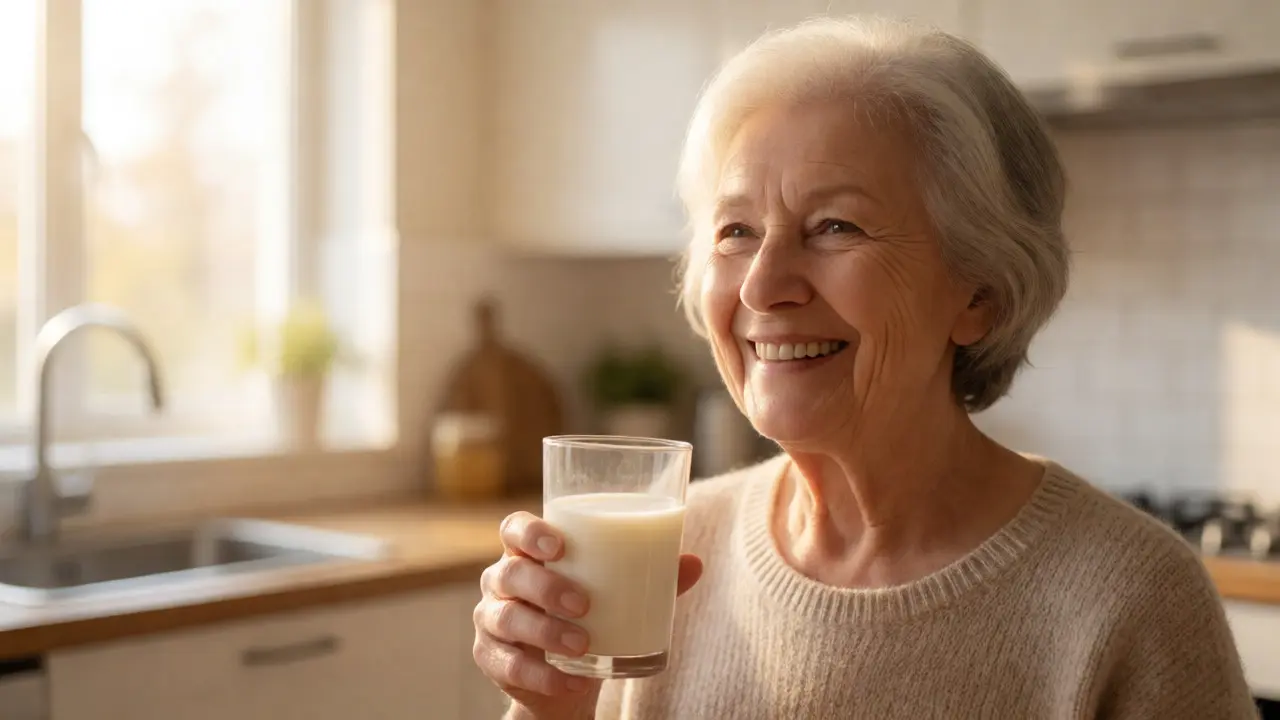 Usměvavá seniorka s doplňkem vápníku a vitamínu D