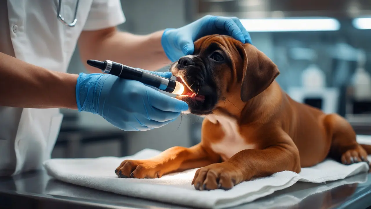 Veterinář kontroluje skus mladého boxeru během stomatologické prohlídky