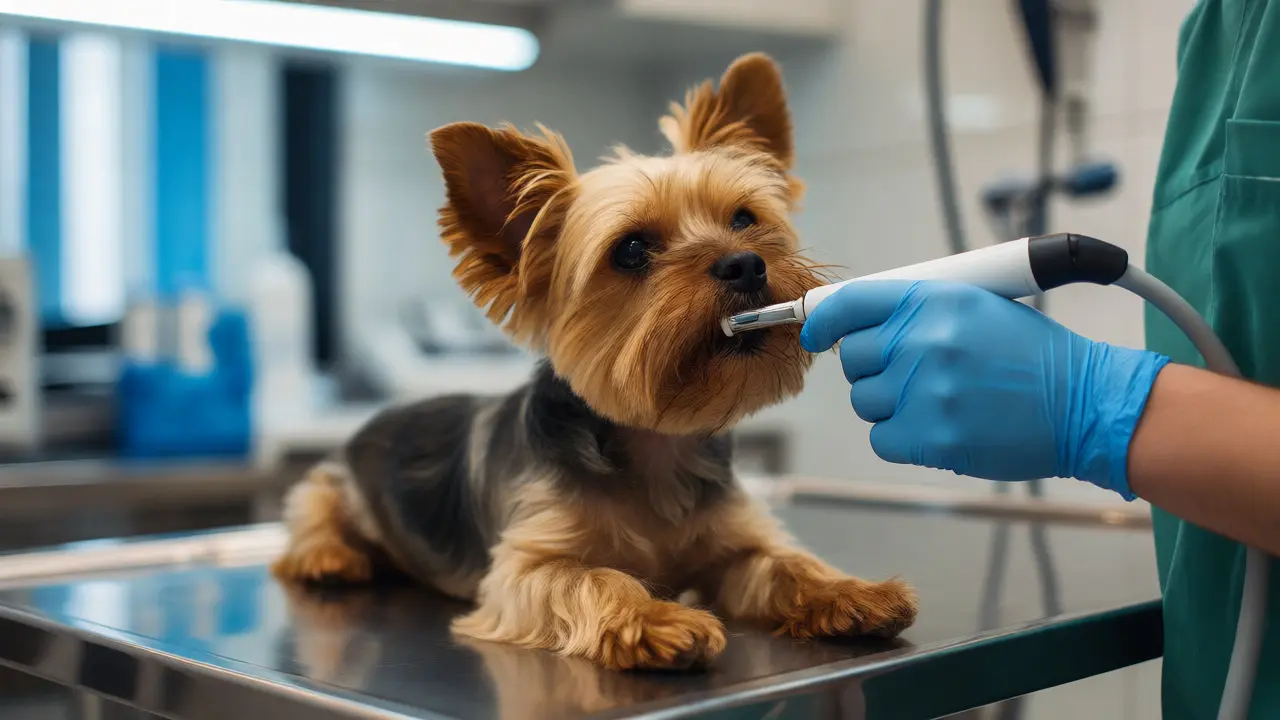 Veterinář připravuje malého psa na čištění zubů