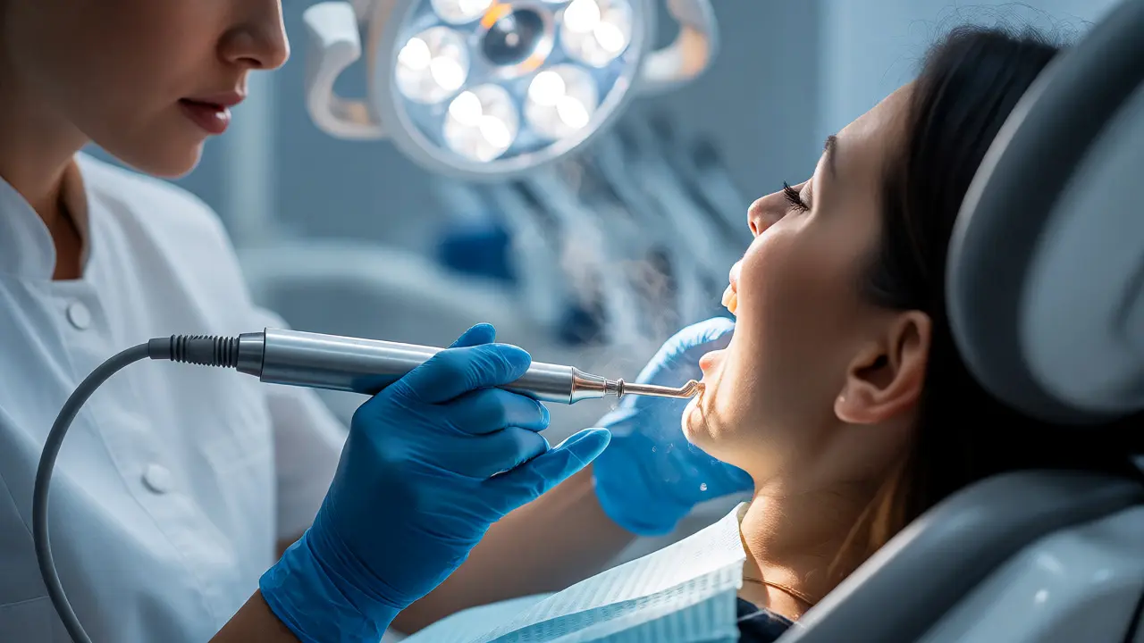 Dentální hygienistka odstraňuje zubní kámen ultrazvukem