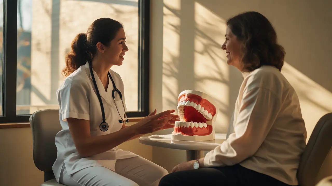 Dentální hygienistka vysvětluje pacientovi péči o dásně pomocí modelu čelisti.