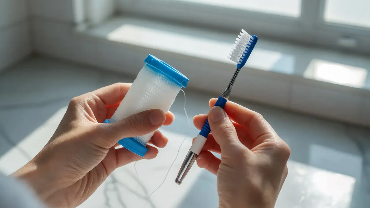 Dentální nit a mezizubní kartáček v ruce