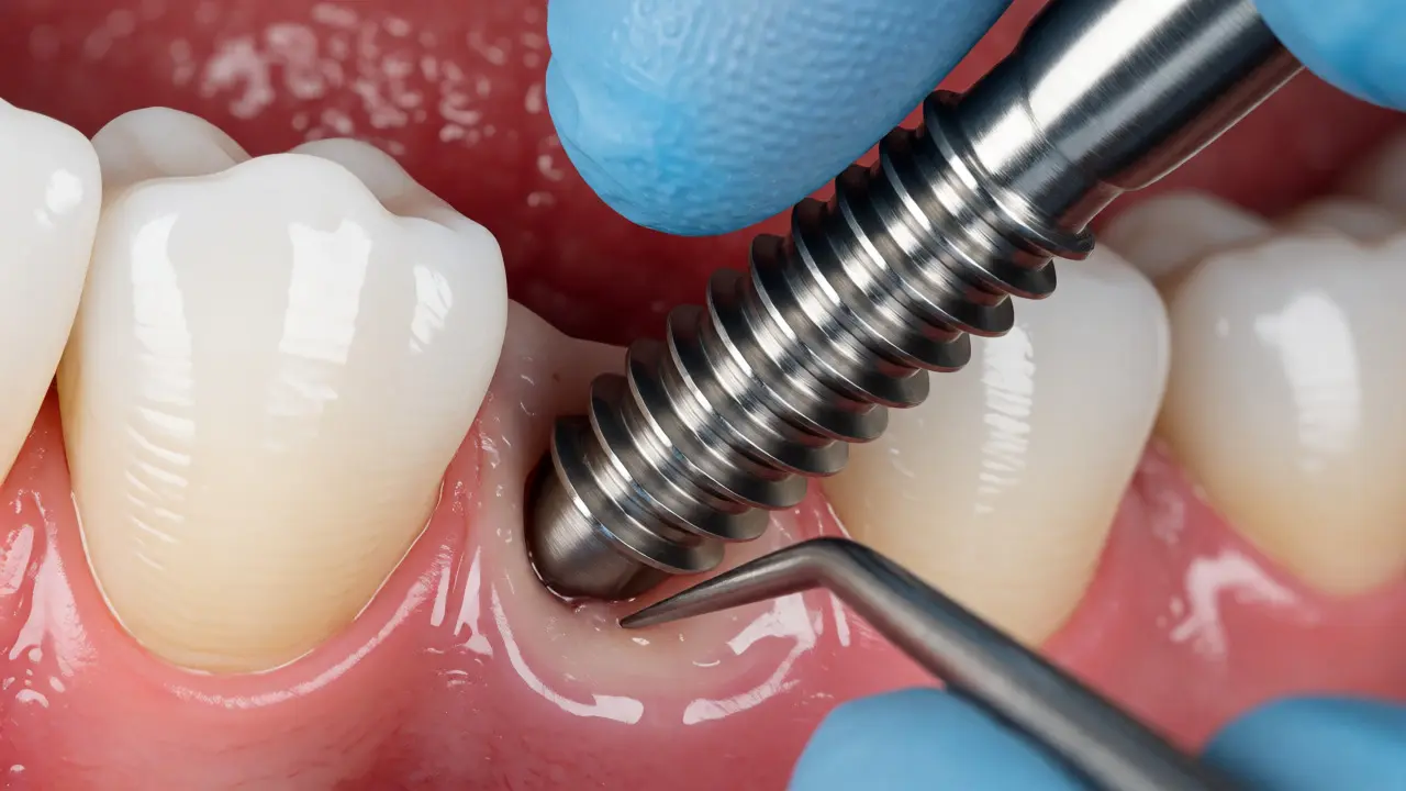 Detailní záběr na zavádění titanového zubního implantátu do čelistní kosti.