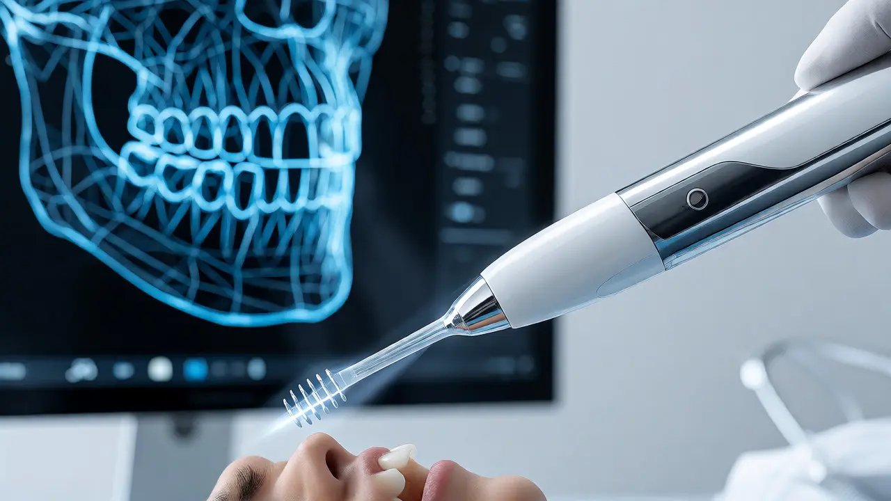 Digitální skenování zubů pomocí intraorálního skeneru s náhledem 3D modelu