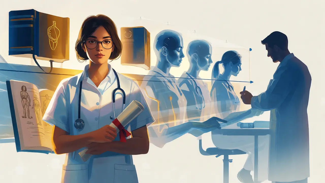 Ilustrace studijní cesty dentální hygienistky s diplomem a anatomickými pomůckami.