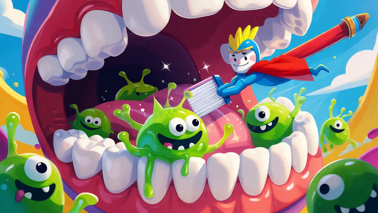 Ilustrace zubního kartáčku jako hrdiny lovícího zelené potvůrky plaku