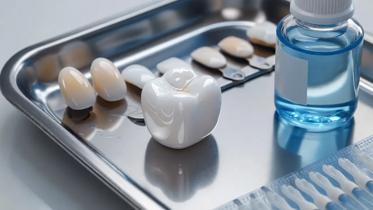 Keramická korunka na podnose vedle vzorníku barev a hygienických potřeb.