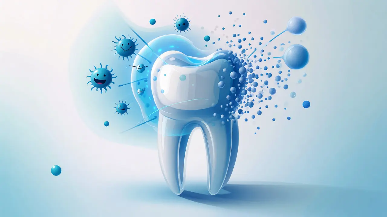 Konceptuální ilustrace ochrany zubu před bakteriemi pomocí fluoridu
