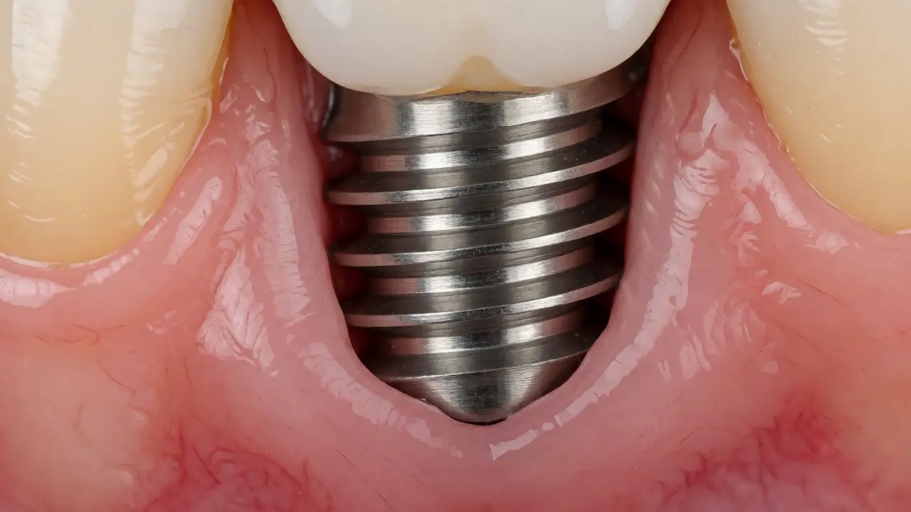 Makro snímek titanového zubního implantátu v kosti