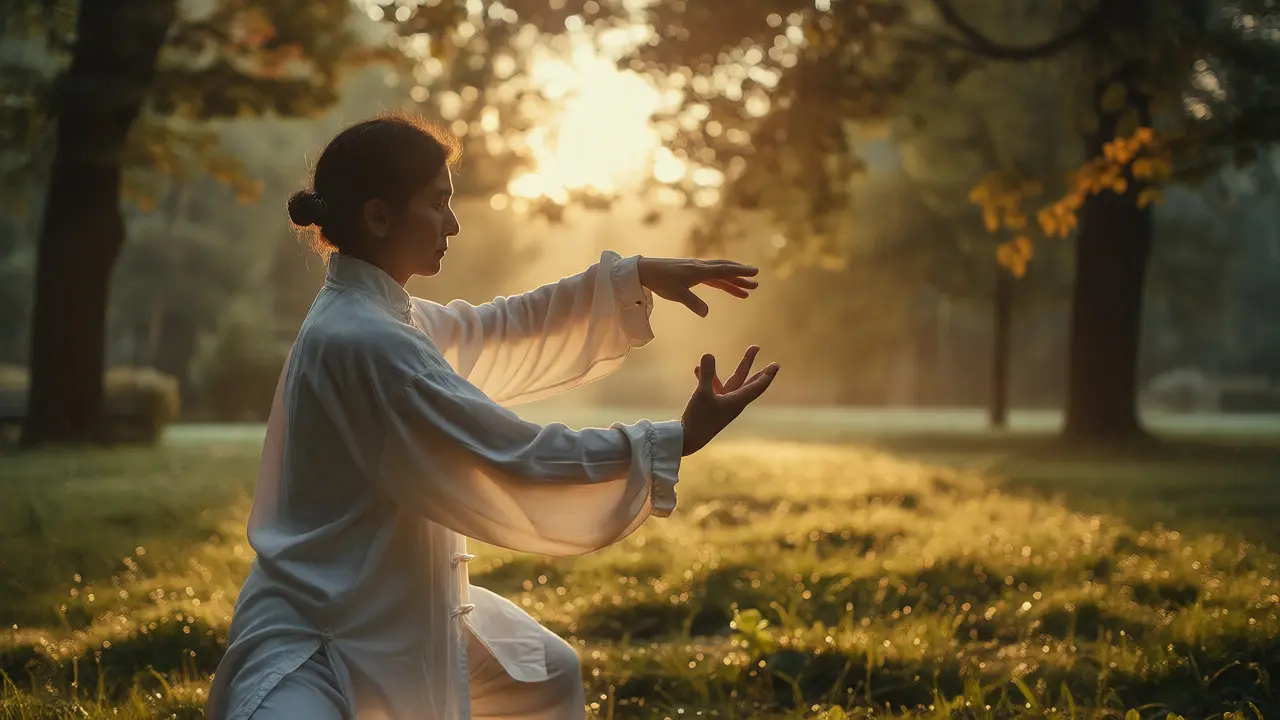 Osoba cvičí tai chi v ranním parku pro uvolnění napětí