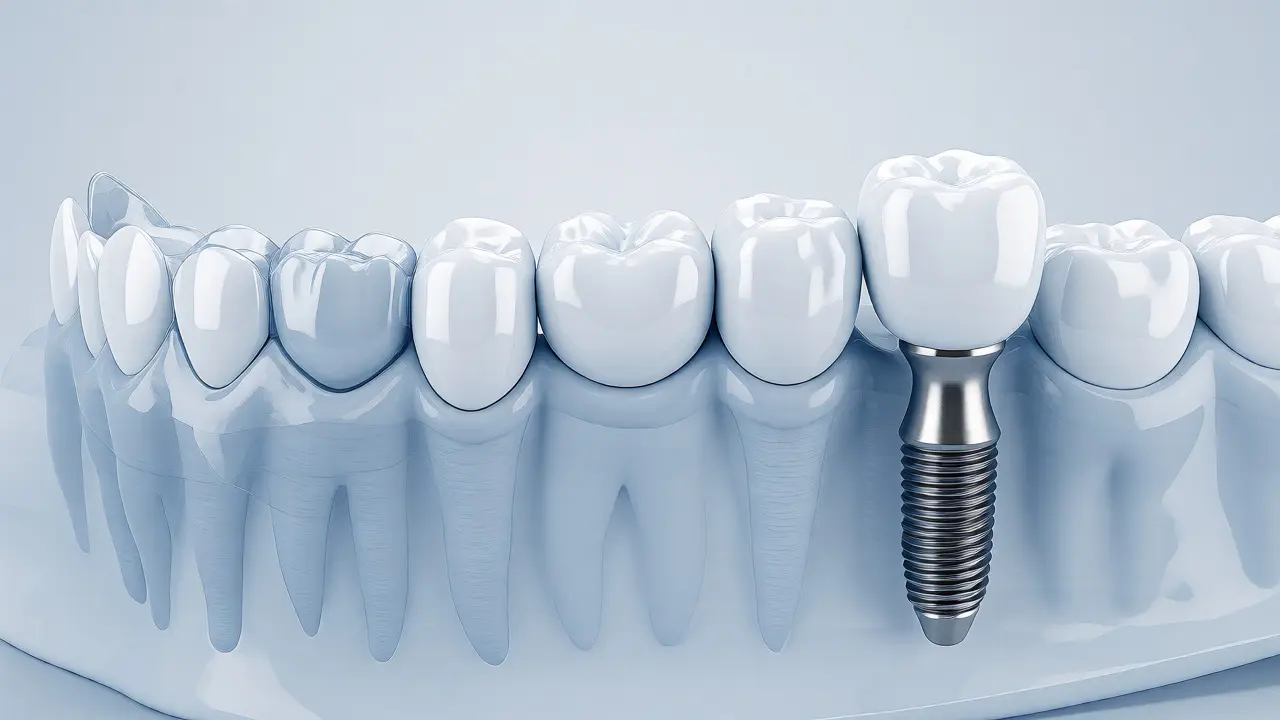 Porovnání tří typů zubních náhrad: snímatelné, můstku a implantátu.