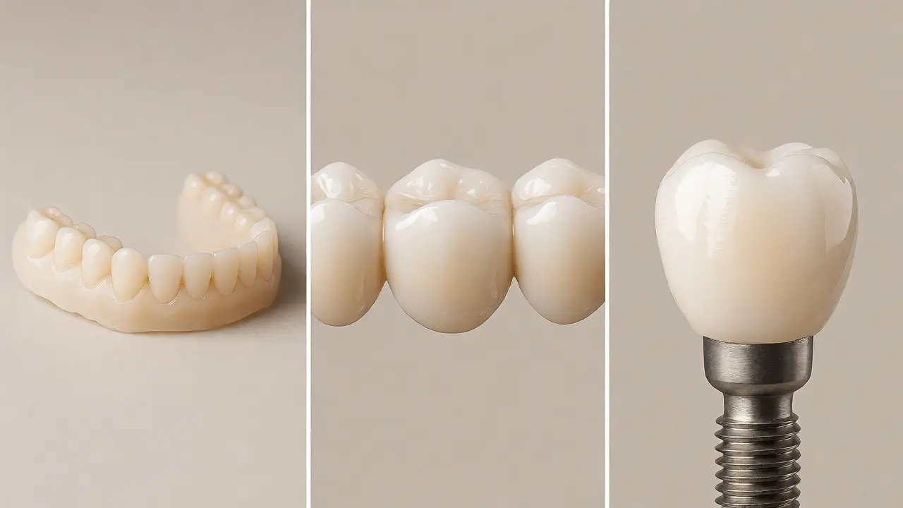 Porovnání vyjímatelné protézy, keramického můstku a zubního implantátu vedle sebe.