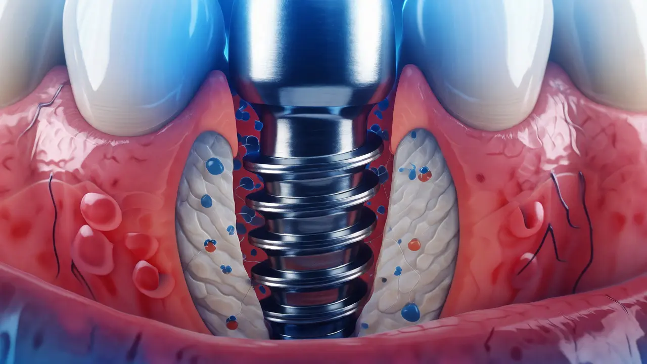 Řez titanovým implantátem v dásni během hojení