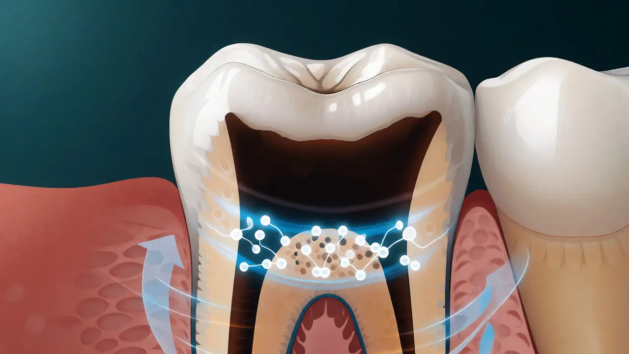 Řez zubem ukazující kaz a fluoridovou ochranu