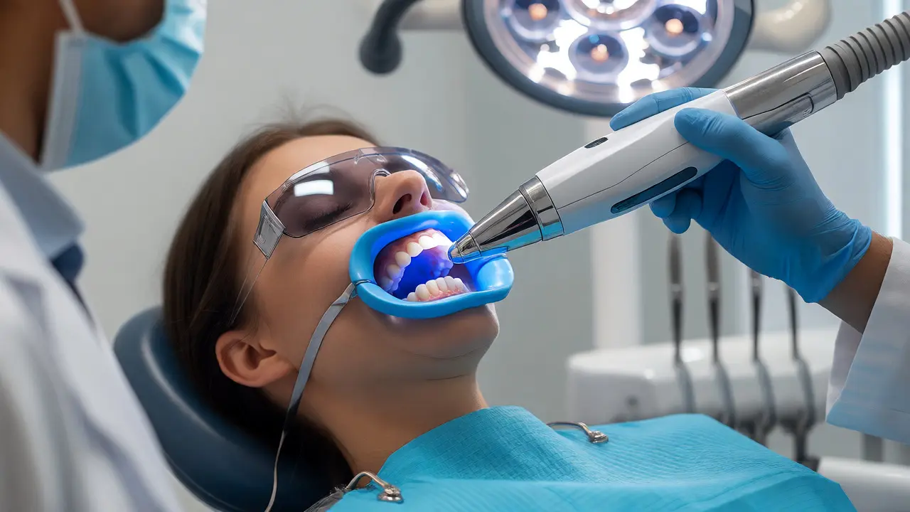 Stomatolog provádí profesionální laserové bělení zubů v ordinaci.