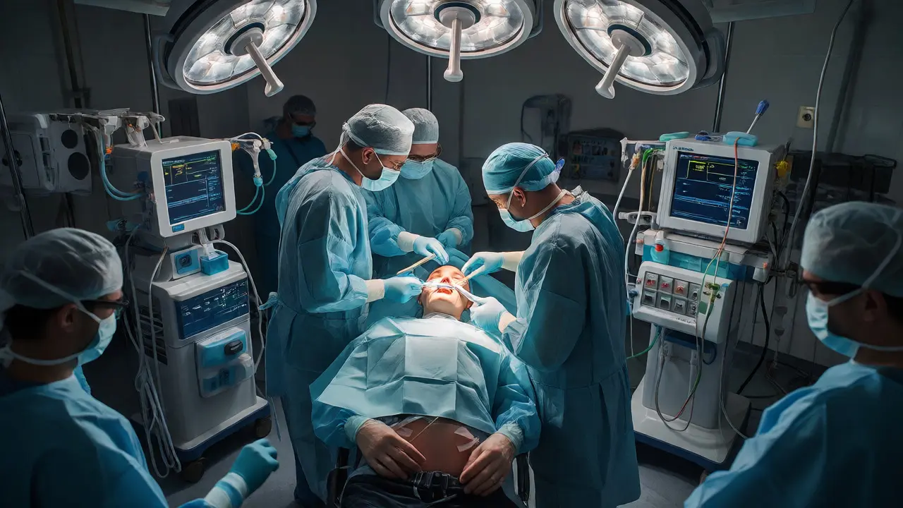Tým chirurgů provádí operaci čelisti pod celkovou narkózou